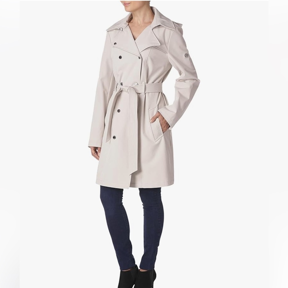 Calvin Klein Petite Hooded Belted Trench Coat Women's Cream Coat Sz S